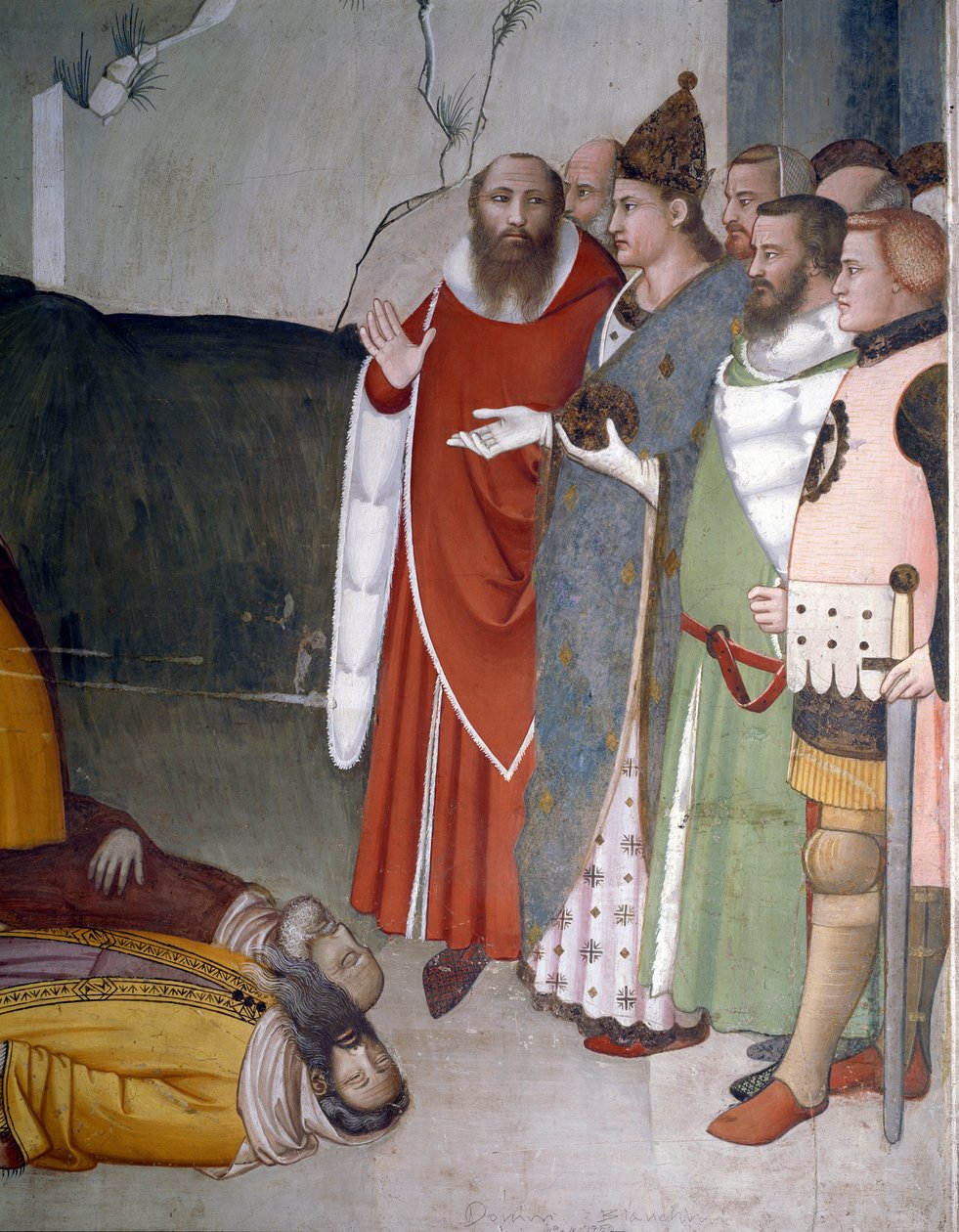 Epizody Silvestra: Papež Svatý Silvestr I. (Silvester nebo Silvestro) (314-335) vychovává dva mágy (Svatý Silvestr vychovává dva mágy) Fresco od Maso di Banco (známý kolem 1341-1346) Florencie 14. století, Chiesa di Santa Croce , Cappella Bardi od Maso di Banco