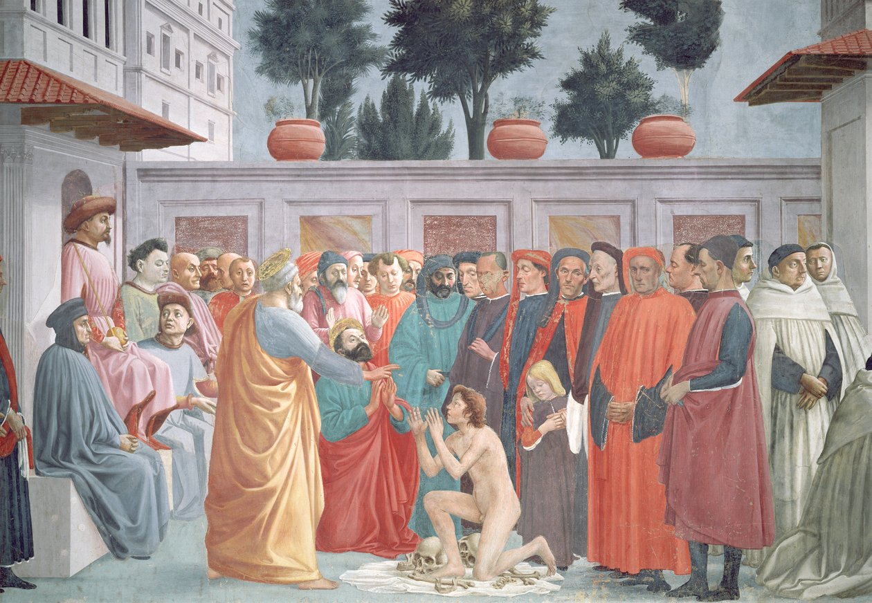 Vzkříšení Theophila, syna krále Antiochie, z levého dolního rejstříku kaple, kolem 1425-27, dokončeno 1484-85 (detail 63302) od Filippino Lippi