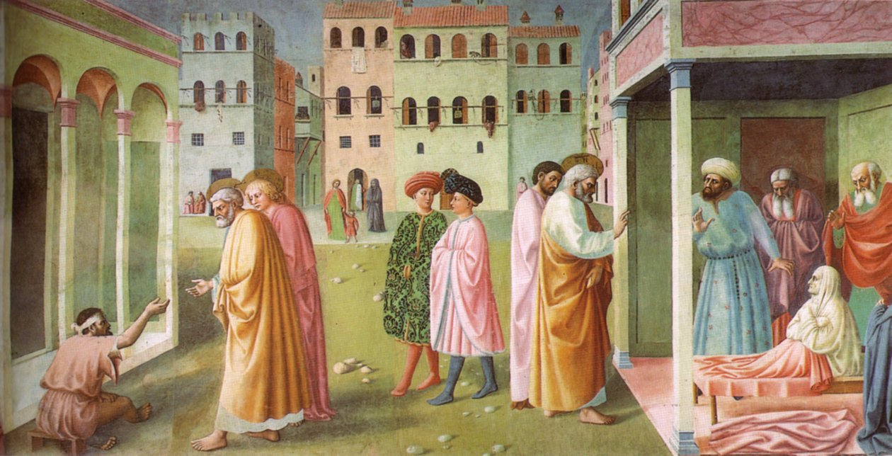 Uzdravení mrzáka a vzkříšení Tabity od Masolino da Panicale