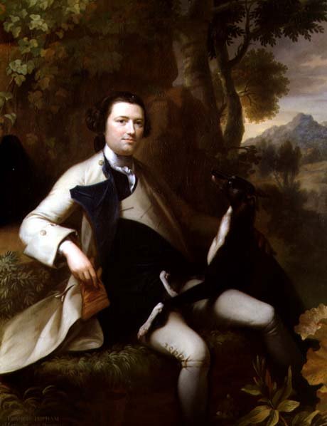 Francis Popham († 1780) sedící v zalesněné krajině se svým Greyhoundem (olej na plátně) od Mason Chamberlain