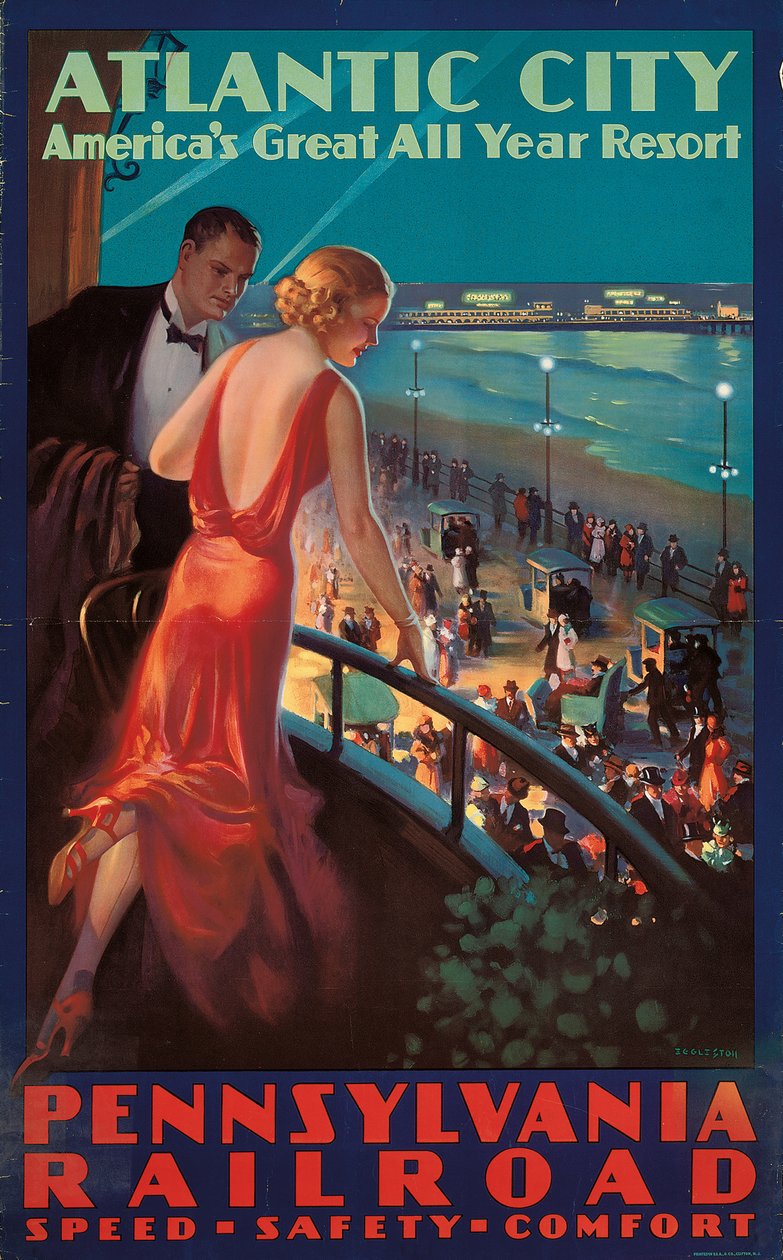 Plakátová reklama cestuje do Atlantic City vlakem Pennsylvania Railroad od Mason Edward Eggleston