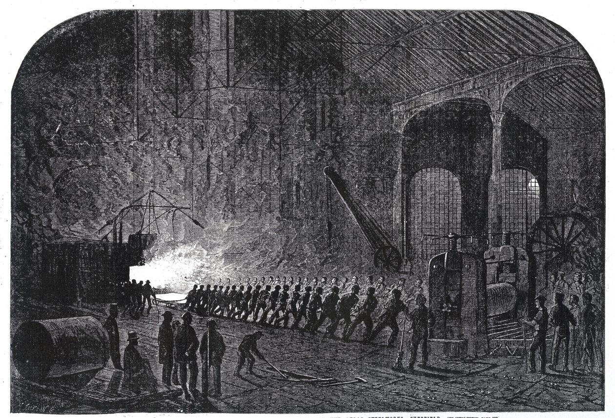 Proces válcování pancéřových plátů pro lodě Jejího Veličenstva v Alas Steelworks, Sheffield, ilustrace z „The Illustrated London News“, 14. září 1861 od Mason Jackson