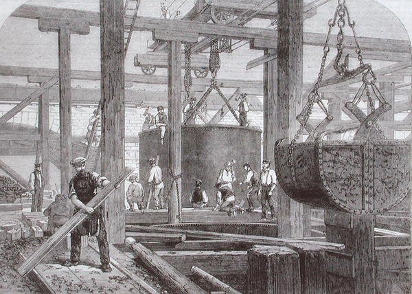 Pohled na stavební práce probíhající na Blackfriars Bridge pro London, Chatham a Dover Railway ukazující potopení válce pro jedno z kruhových kamenných mol od Mason Jackson