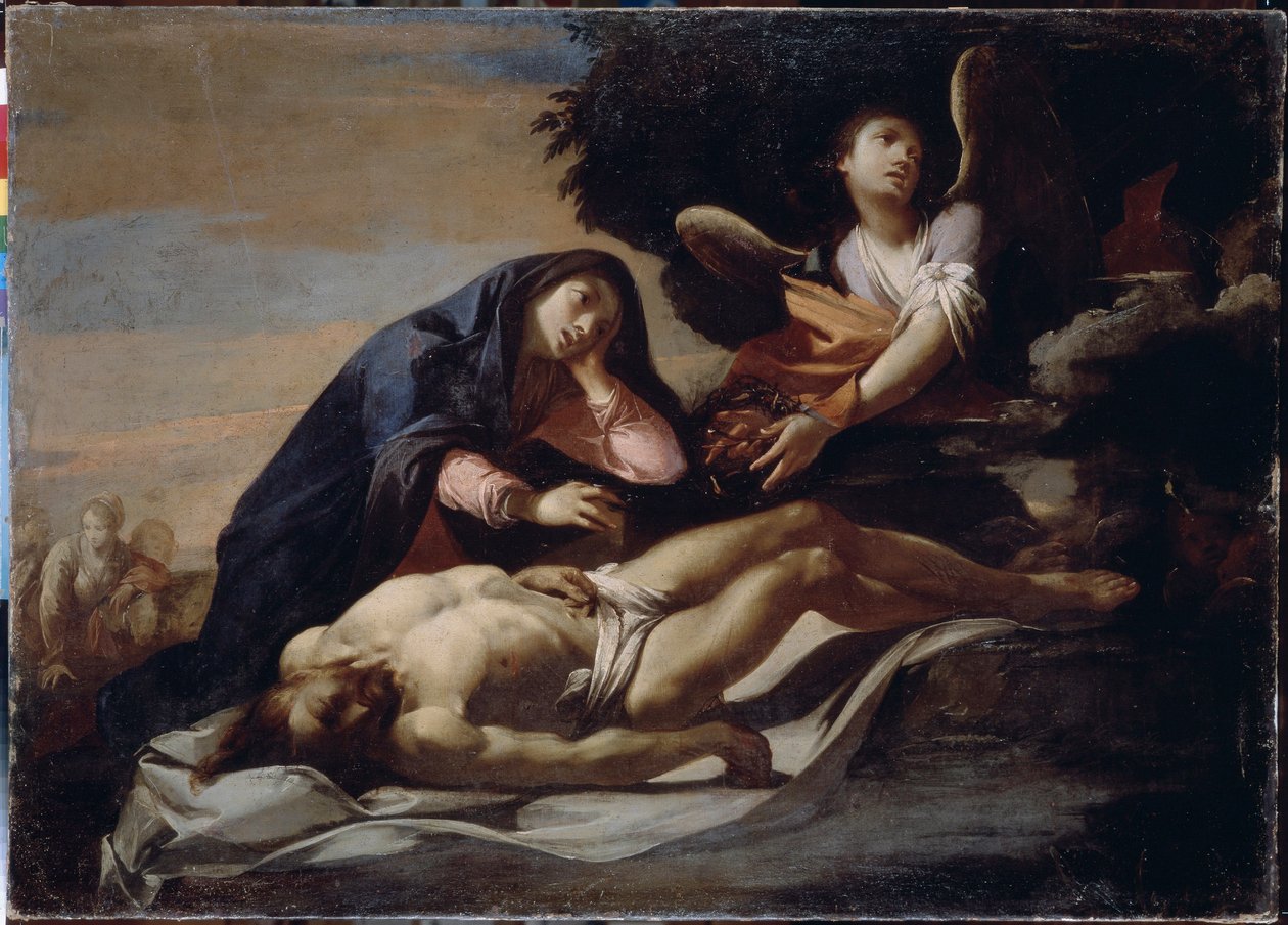 Pláč nad tělem Kristovým. Obraz Massima Stanzione (kolem 1585-kolem 1658), olej na plátně, polovina 17. století, italské umění, barokní umění. Muzeum historie a umění, Žytomyr (Ukrajina) od Massimo Stanzione