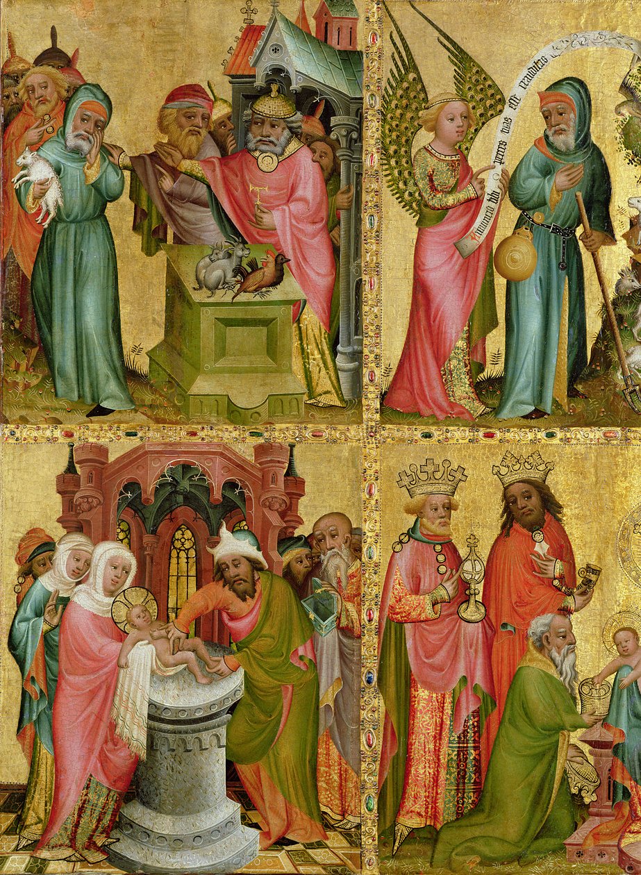 Joachimova oběť a obřízka Krista, z levého křídla oltáře Buxtehude, 1400-10 (tempera na panelu) (detail 159469) od Master Bertram of Minden