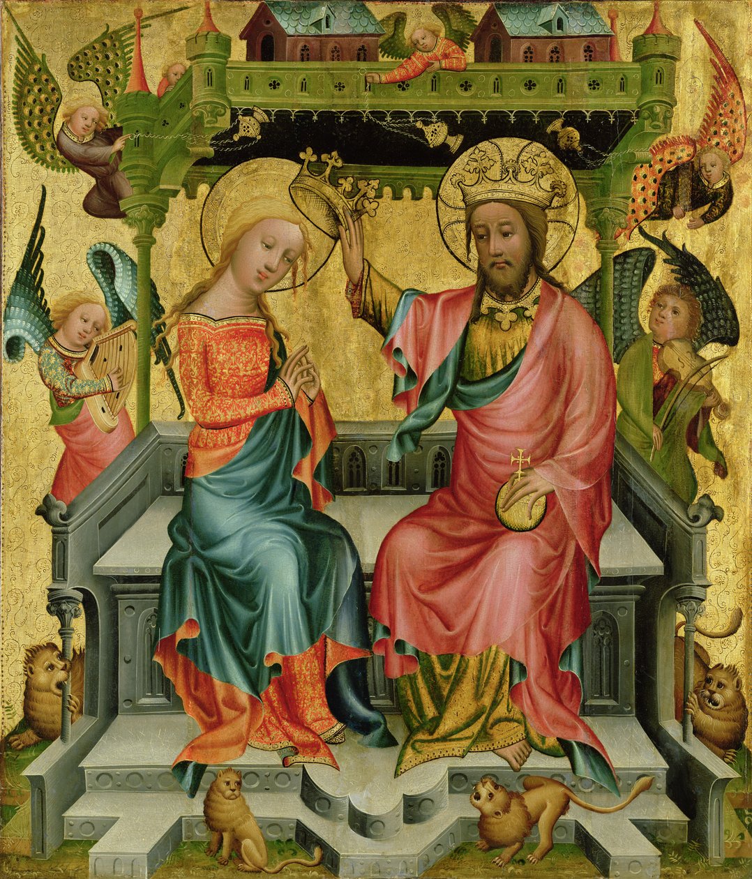 Korunování Panny Marie, z pravého křídla Buxtehudského oltáře, 1400-10 (tempera na panelu) od Master Bertram of Minden