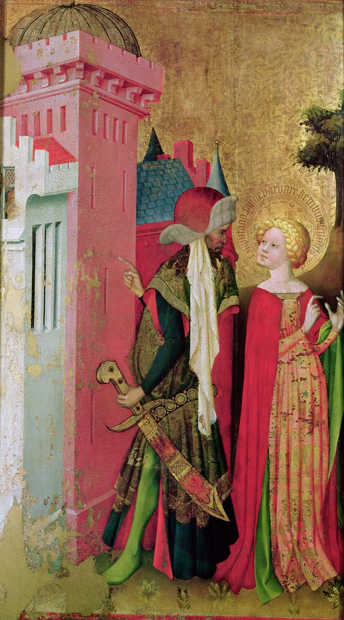 Svatá Barbora zavřená ve věži svým otcem, z oltářního obrazu svaté Barbory (tempera a olej na desce) od Master Francke