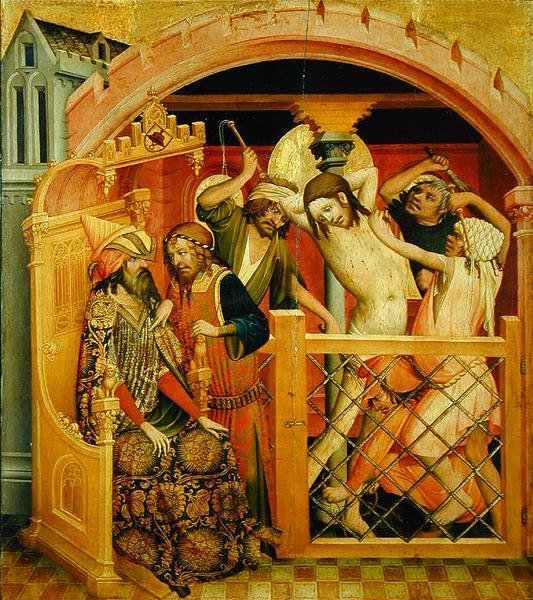 Bičování Krista, panel z oltáře sv. Tomáše z kostela sv. Jana v Hamburku, započatý v roce 1424 (tempera a olej na panelu) od Master Francke Master Francke