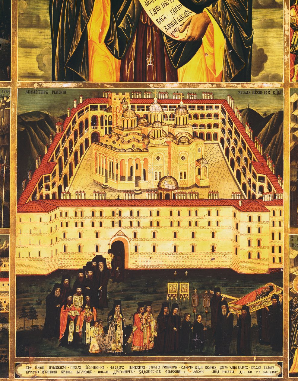 Svatý Jan z Rily Thaumaturge, detail pohřebního průvodu opouštějícího klášter Rila (tempera na panelu) od Master John of Samakov