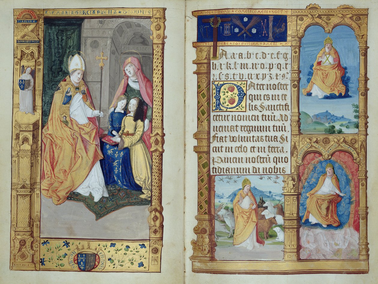 Ms 159, str. 1-2 Dívka klečí u stolu s Pannou Marií a svatými, z Primer, cca 1500-10 (inkoust a zlatý inkoust na pergamenu) od Master of Antoine de Roche