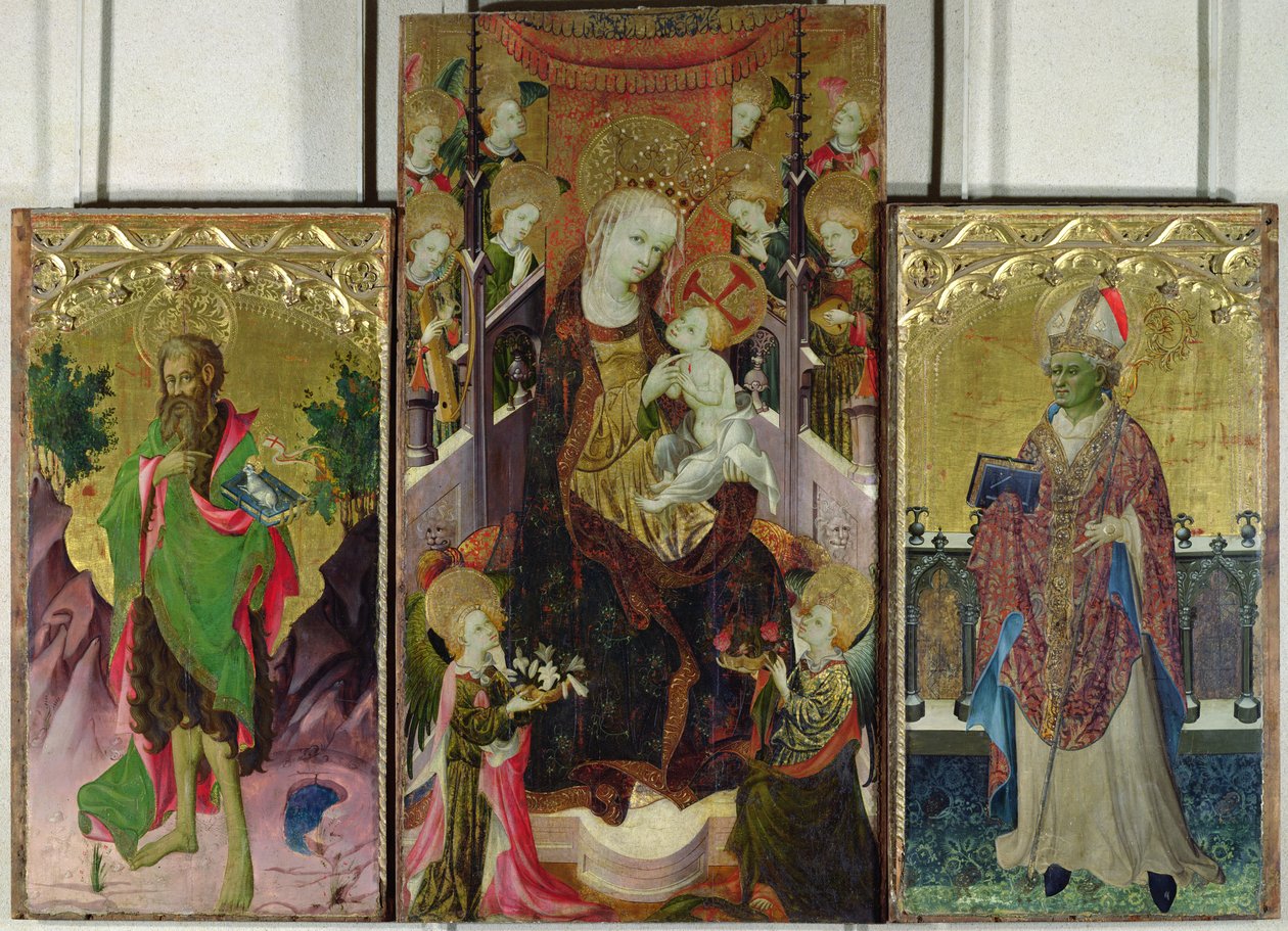 Madona s dítětem na trůnu obklopená anděly se svatým Janem Křtitelem a svatým Ambrožem, 1400-30 (podrobnosti viz 95111) od Master of Burgo de Osma