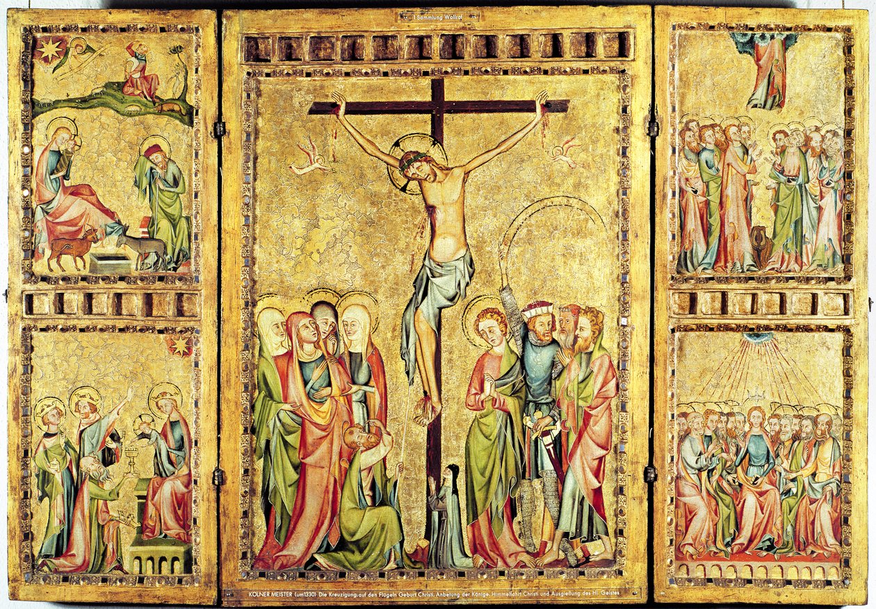 Oltářní obraz s Ukřižováním na středovém panelu a výjevy ze Života Krista na bočních panelech, cca 1330 (panel) od Master of Cologne