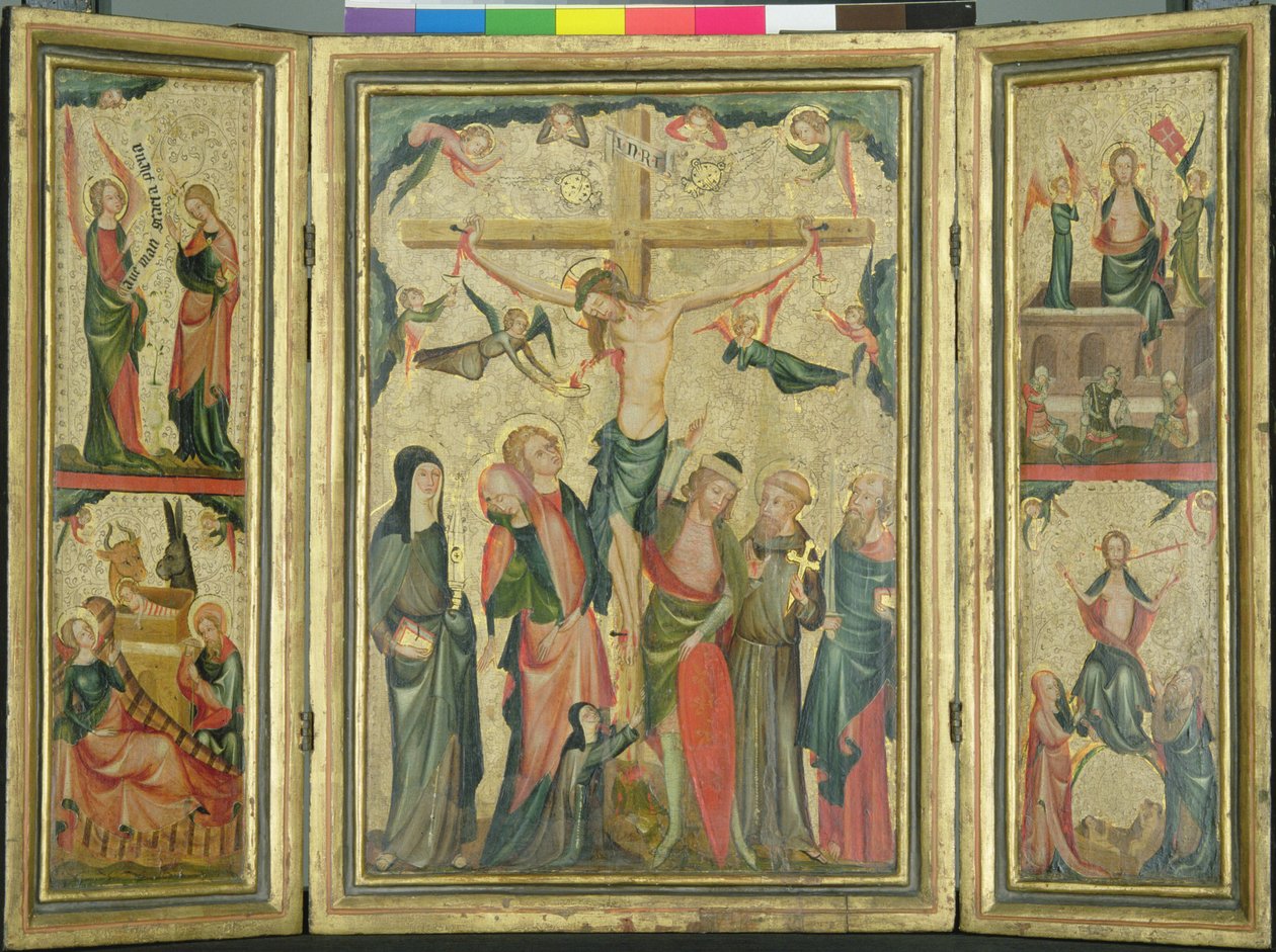 Triptych zobrazující Ukřižování Krista, kolem roku 1350 (tempera a plátkové zlato na desce) (viz také 150814) od Master of Cologne
