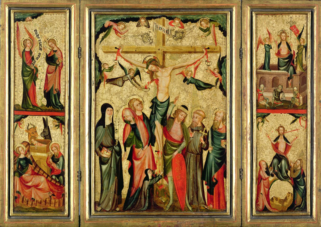 Triptych zobrazující Ukřižování Krista, kolem roku 1350 (tempera a plátkové zlato na desce) (viz také 182372) od Master of Cologne