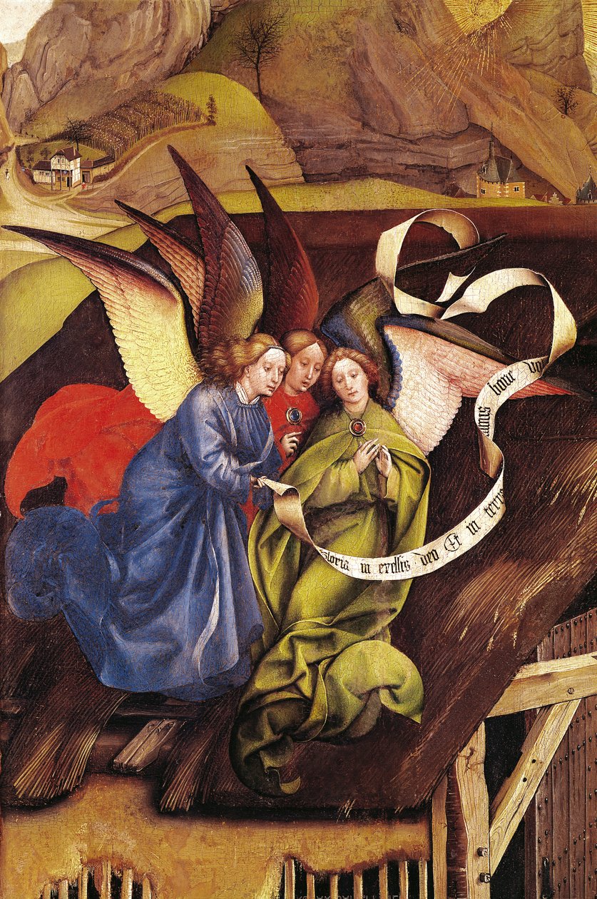 Narození Páně, detail tří andělů, kolem 1425 (detail 128673) od Master of Flémalle