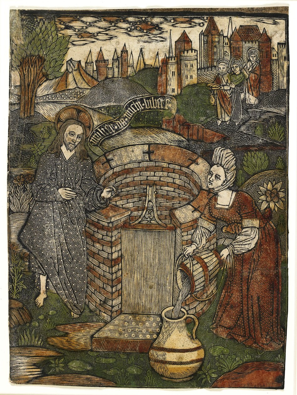 Kristus a žena Samaří, kolem 1470 (ručně kolorovaný kovový výbrus se zelenou, bordó červenou a žlutou) od Master of Jesus in Bethany Master of Jesus in Bethany