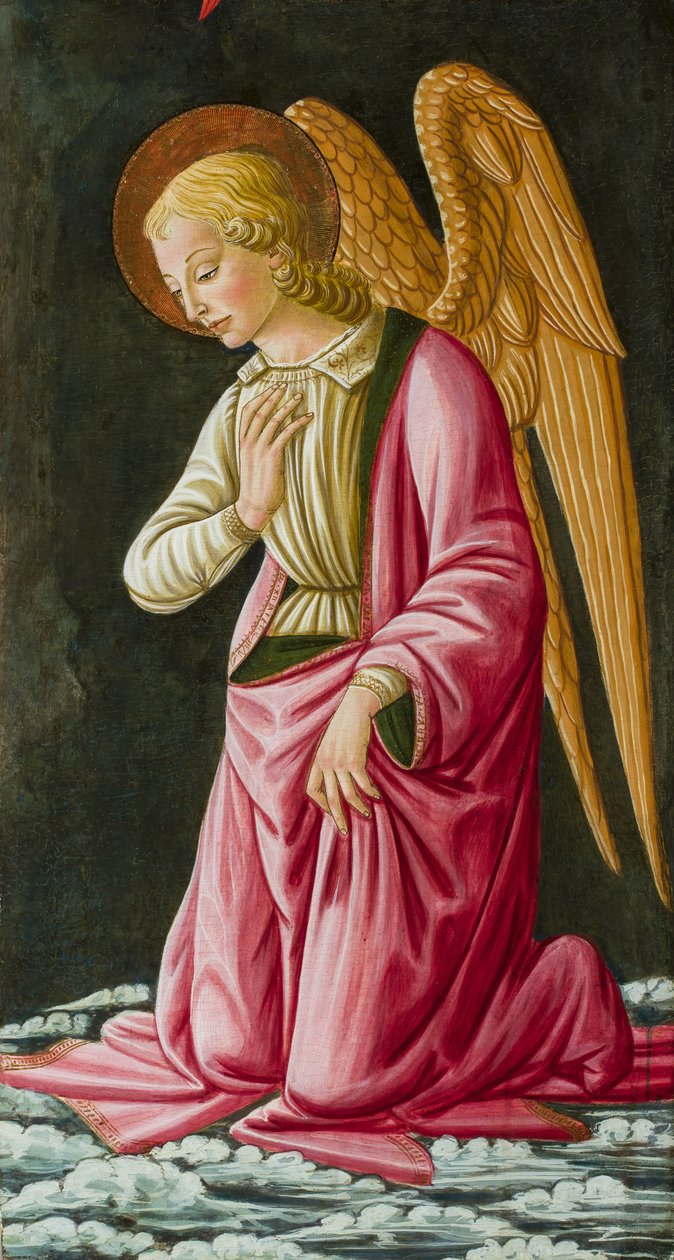 Klečící anděl, cca 1480 (olej) od Master of Johnson Nativity or Tabernacle