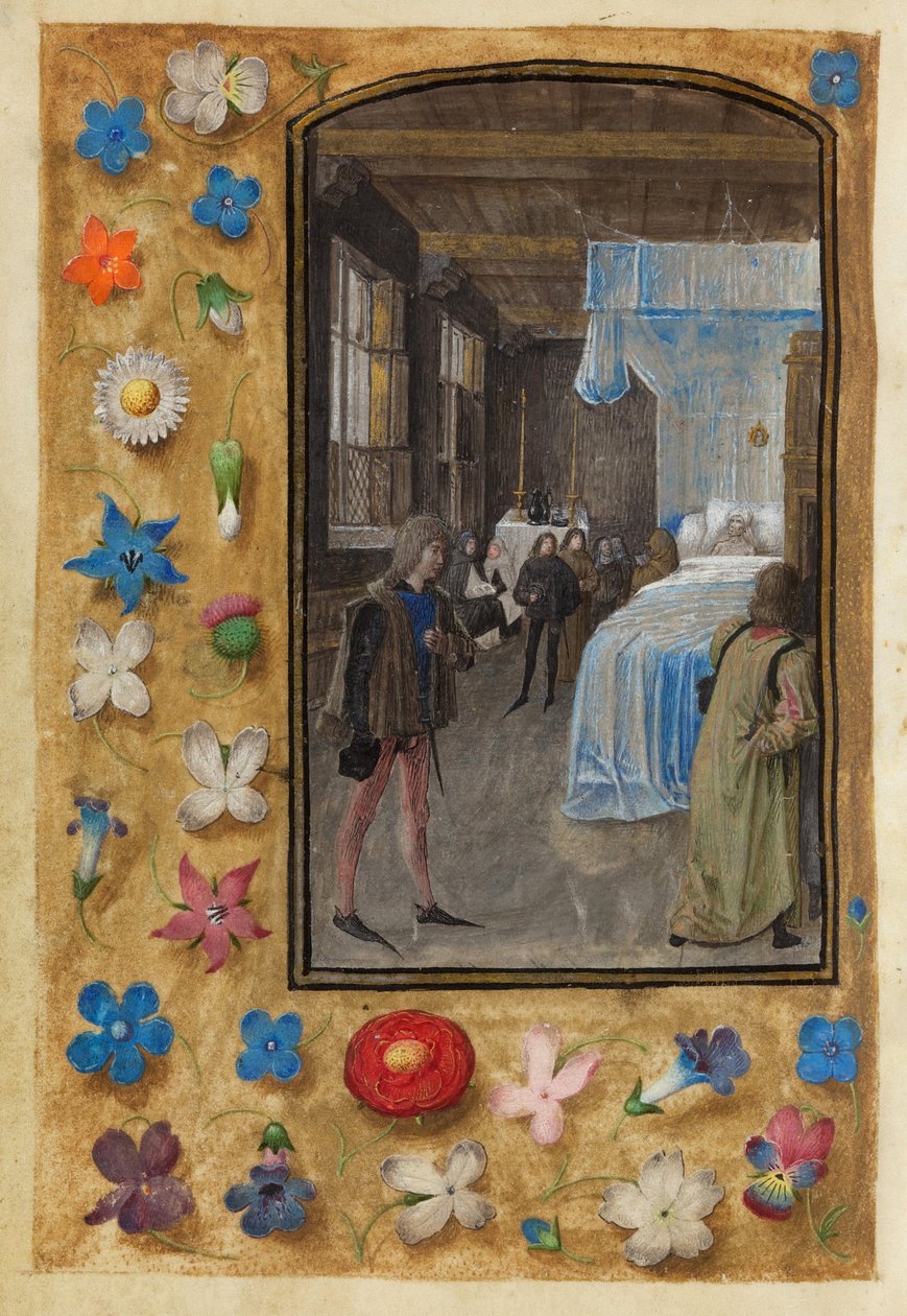 Umírání v posteli v Knize hodin Williama Hastingsa od Master of Mary of Burgundy