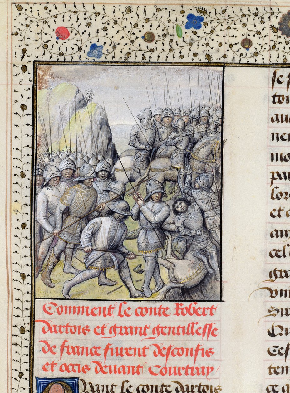 paní 659 f.137 r. Vlámové porazili francouzskou armádu v bitvě u Zlatých ostruh poblíž Courtrai v roce 1302, 1477 od Master of Mary of Burgundy
