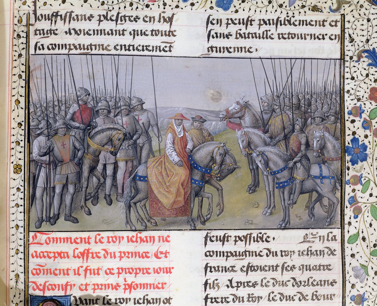 paní 659 f.267 r. Jan II Dobrý zajat Angličany v bitvě u Poitiers, 1356 od Master of Mary of Burgundy