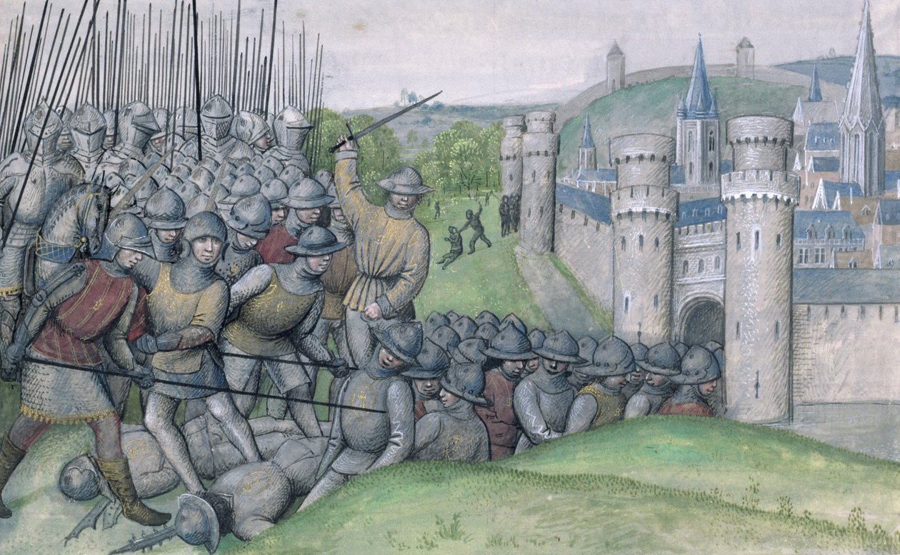 Ms 659 f.282r Louis, hrabě z Flander a město Bruggy jsou poraženy Filips van Artefelde a lidmi z Gentu v bitvě u Bevenhoutsveldu v roce 1382, 1477 od Master of Mary of Burgundy