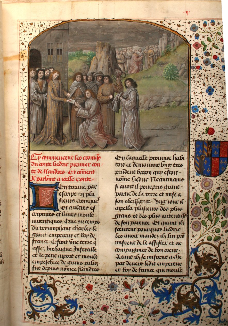 Ms 659 fol.2r Karel Veliký jmenuje prvního hraběte z Flander, 1477 od Master of Mary of Burgundy