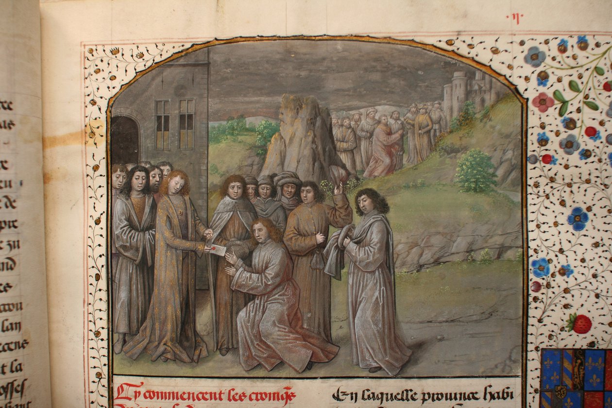 Ms 659 fol.2r Karel Veliký jmenuje prvního flanderského hraběte, 1477 pergamenový detail 282597 od Master of Mary of Burgundy