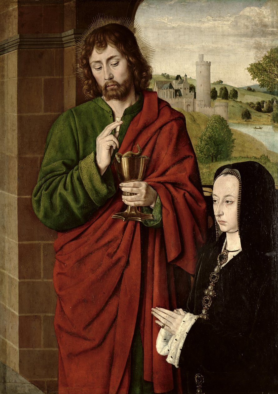 Anna Francouzská (1462-1522) Paní z Beaujeu, vévodkyně z Bourbonu, v podání sv. Jana Evangelisty, pravé křídlo triptychu, kolem 1492-93 (panel na panelu) od Master of Moulins