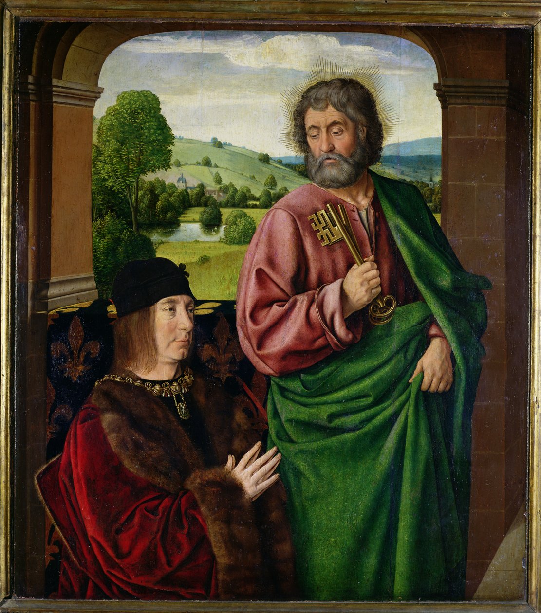 Petr II. (1439-1503) vévoda z Bourbonu darovaný sv. Petrem, levé křídlo triptychu, kolem 1492-93 od Master of Moulins