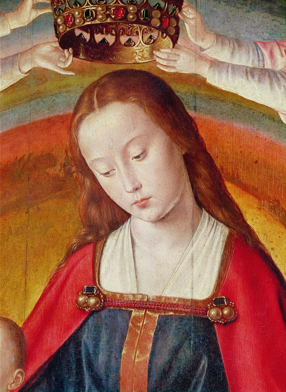 Panna Maria s korunou, detail Korunovace Panny Marie, středový panel z Bourbonského oltářního obrazu, asi 1498 (detail 57630) od Master of Moulins