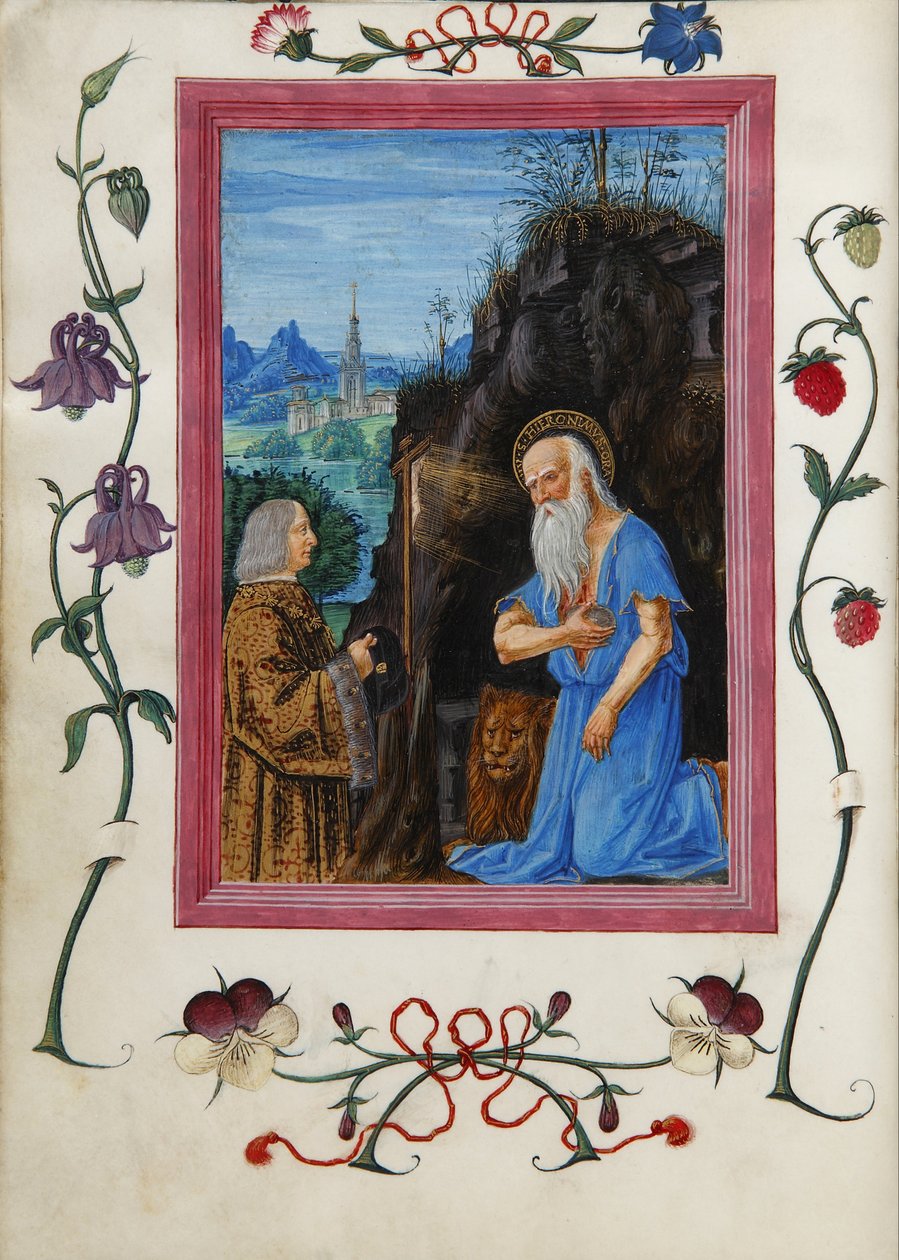 Gian Giacomo Trivulzio se svatým Hieronymem v knize hodin Giana Giacoma Trivulzia od Master of Ore Landriani and Giovan Battista de the Lorenz