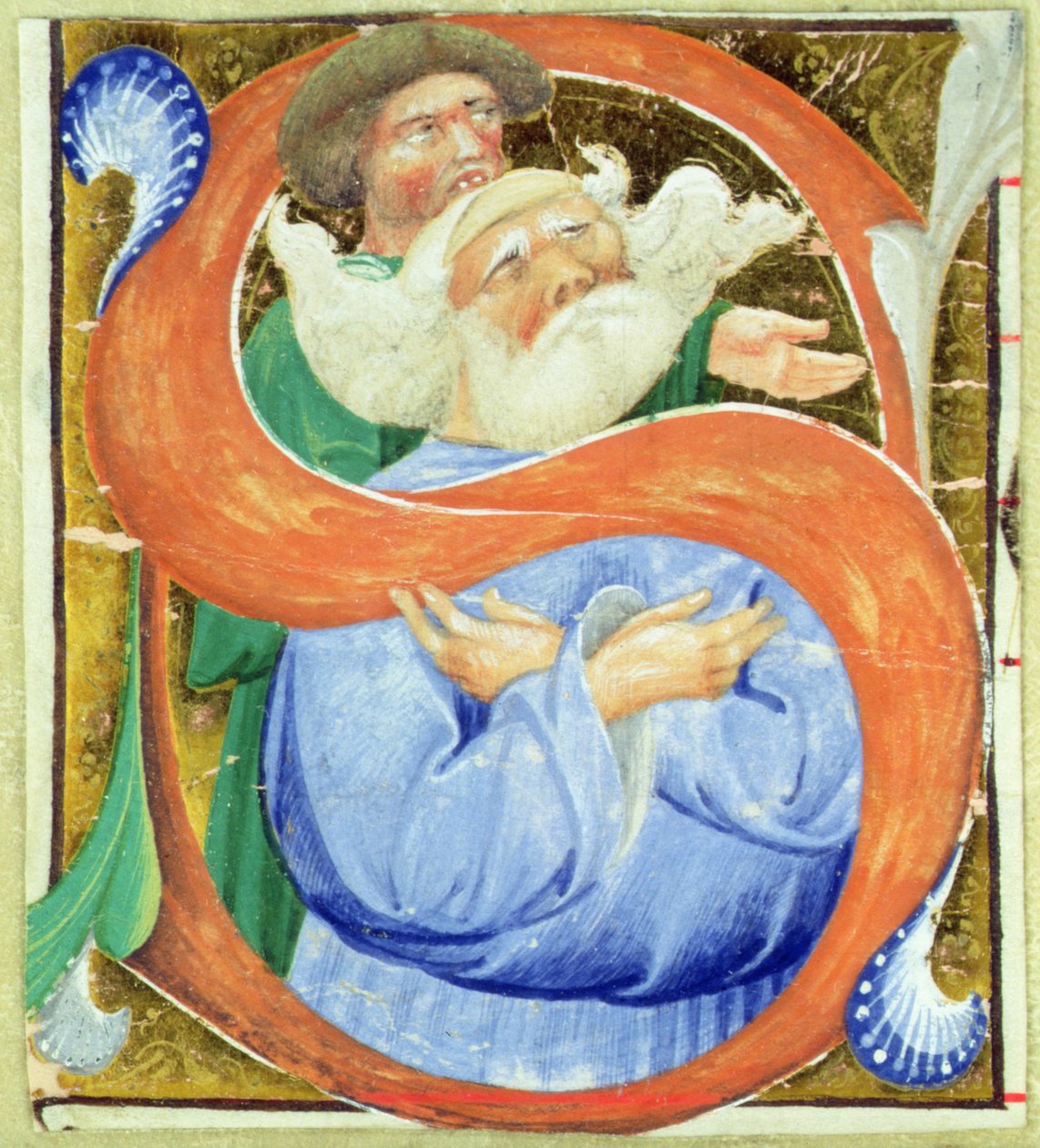 Historická iniciála S zobrazující starého muže, který se modlí od Master of San Michele of Murano
