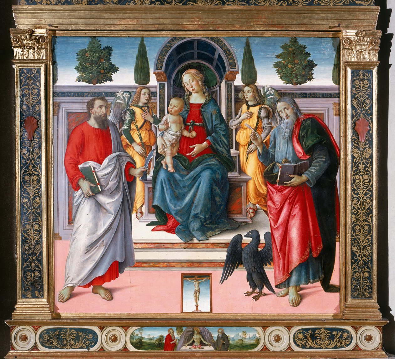 Madona s dítětem na trůnu, Dva andělé, sv. Bartoloměj a sv. Jan Evangelista. od Master of Santo Spirito Master of Santo Spirito