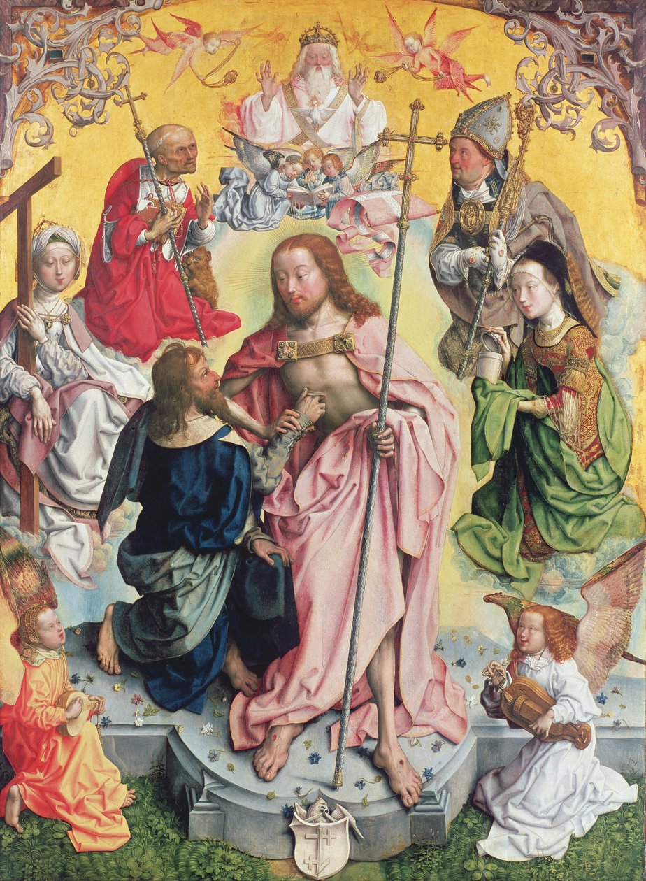Centrální panel z oltáře sv. Tomáše, 1501, Kristus a svatý Tomáš obklopený sv. Helenou, Marií Magdalenou, sv. Jeronýmem a sv. Ambrožem od Master of St. Bartholemew