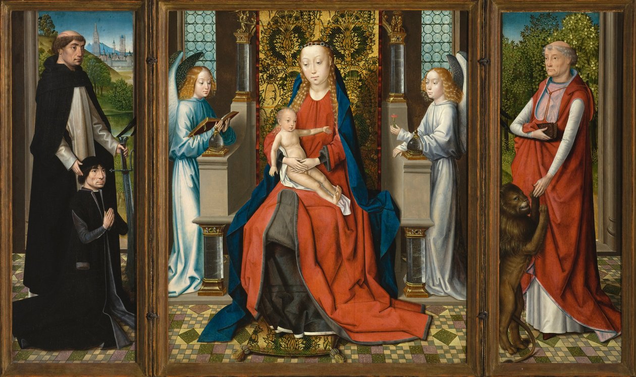 Triptych Madony a dítěte s anděly; Dárce a jeho patron Svatý Petr mučedník; a svatého Jeronýma od Master of The Legend of St. Lucy