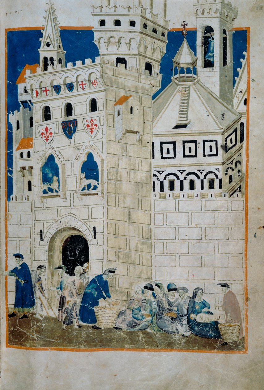 Chudí ze Sieny vítáni ve Florencii (Codice Tempi 3, cca 58), miniatura z Biadaiolo Codex od Master of the Biadaiolo Codex Master of the Biadaiolo Codex