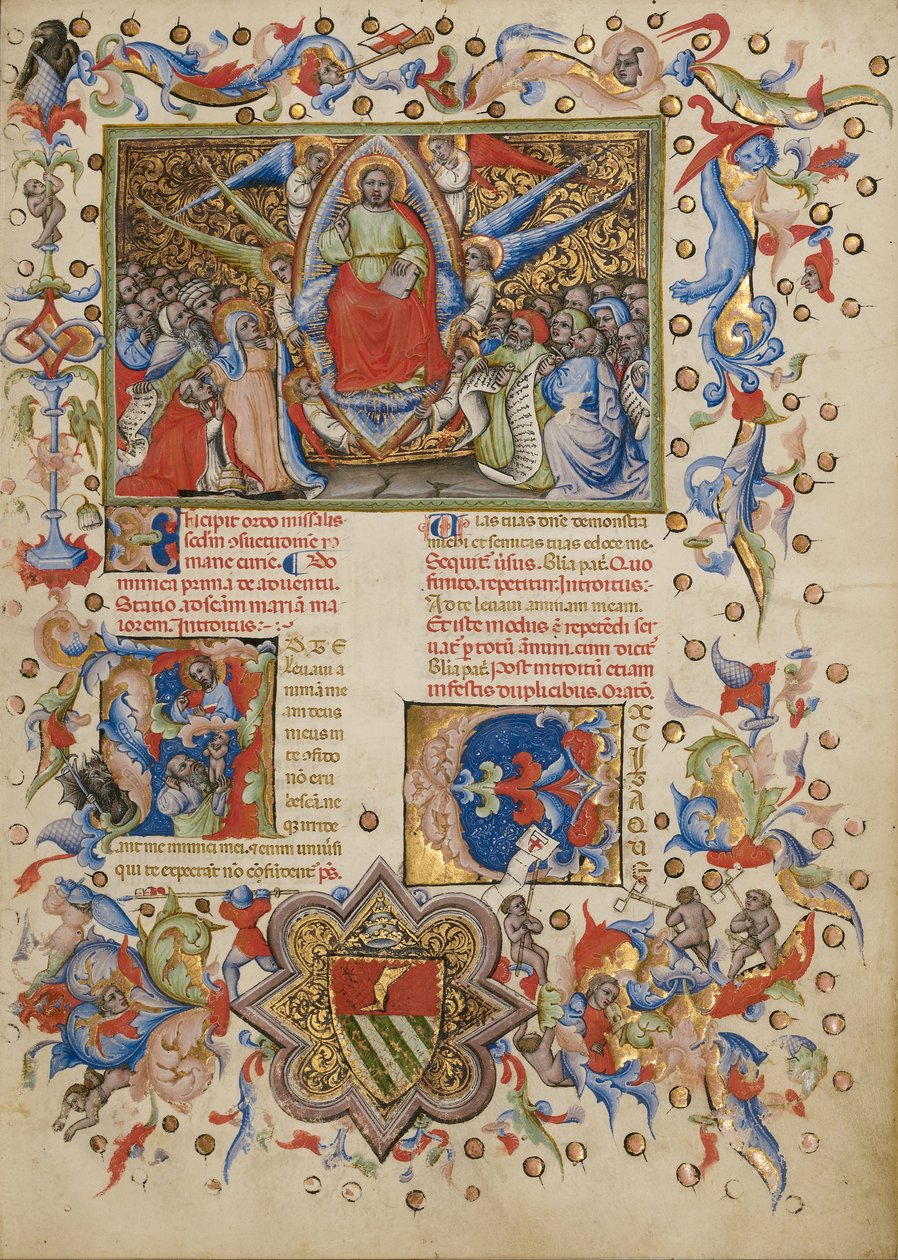 Kristus ve Veličenstvu; Počáteční A: Muž, který pozvedává svou duši k Bohu od Master of the Brussels Initials