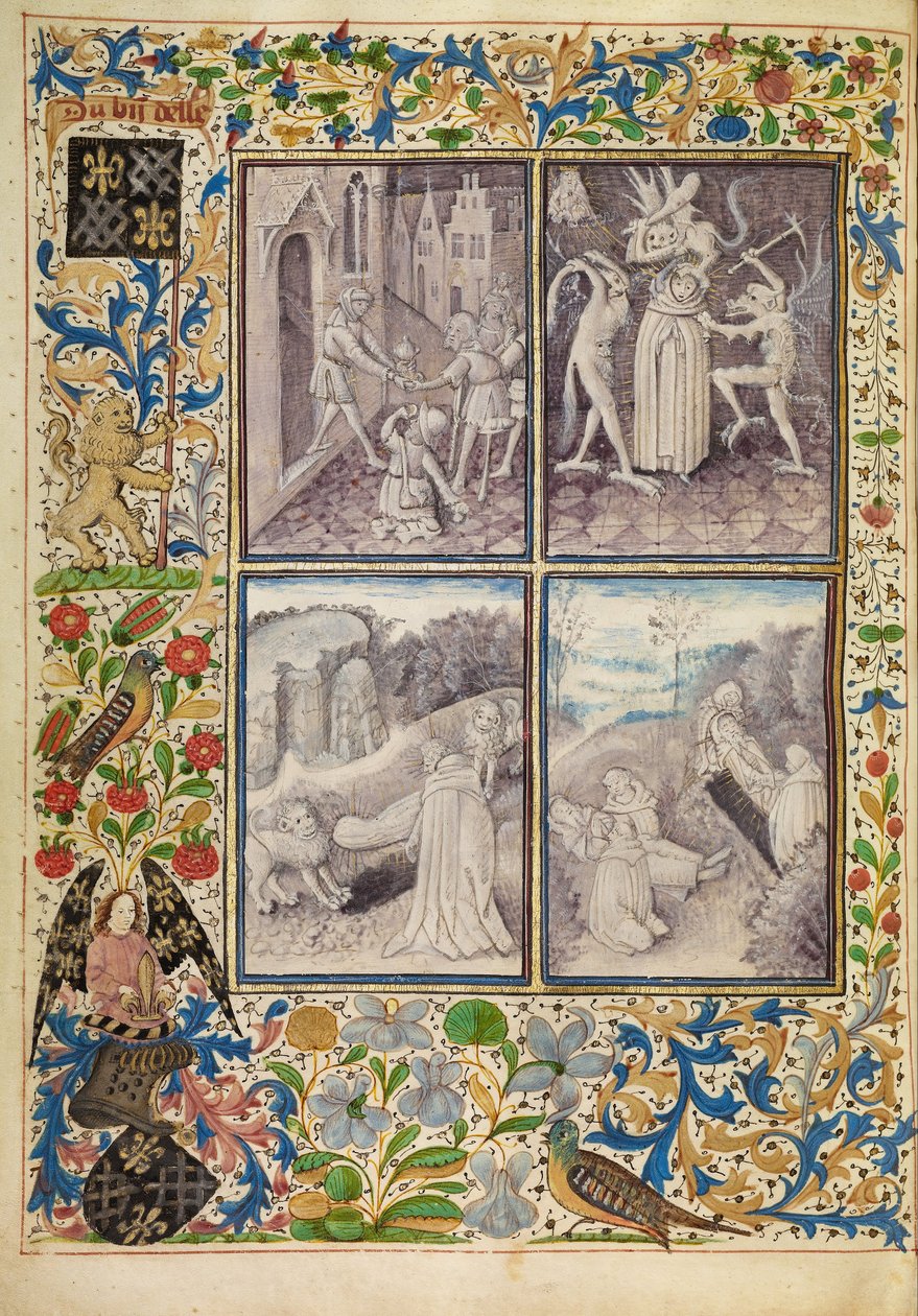 Svatý Antonín odevzdává své oblečení chudým; Anthony utrpení pokušení; Anthony pohřbil Pavla v poušti; Smrt a pohřeb svatého Antonína od Master of the Brussels Romuléon or workshop