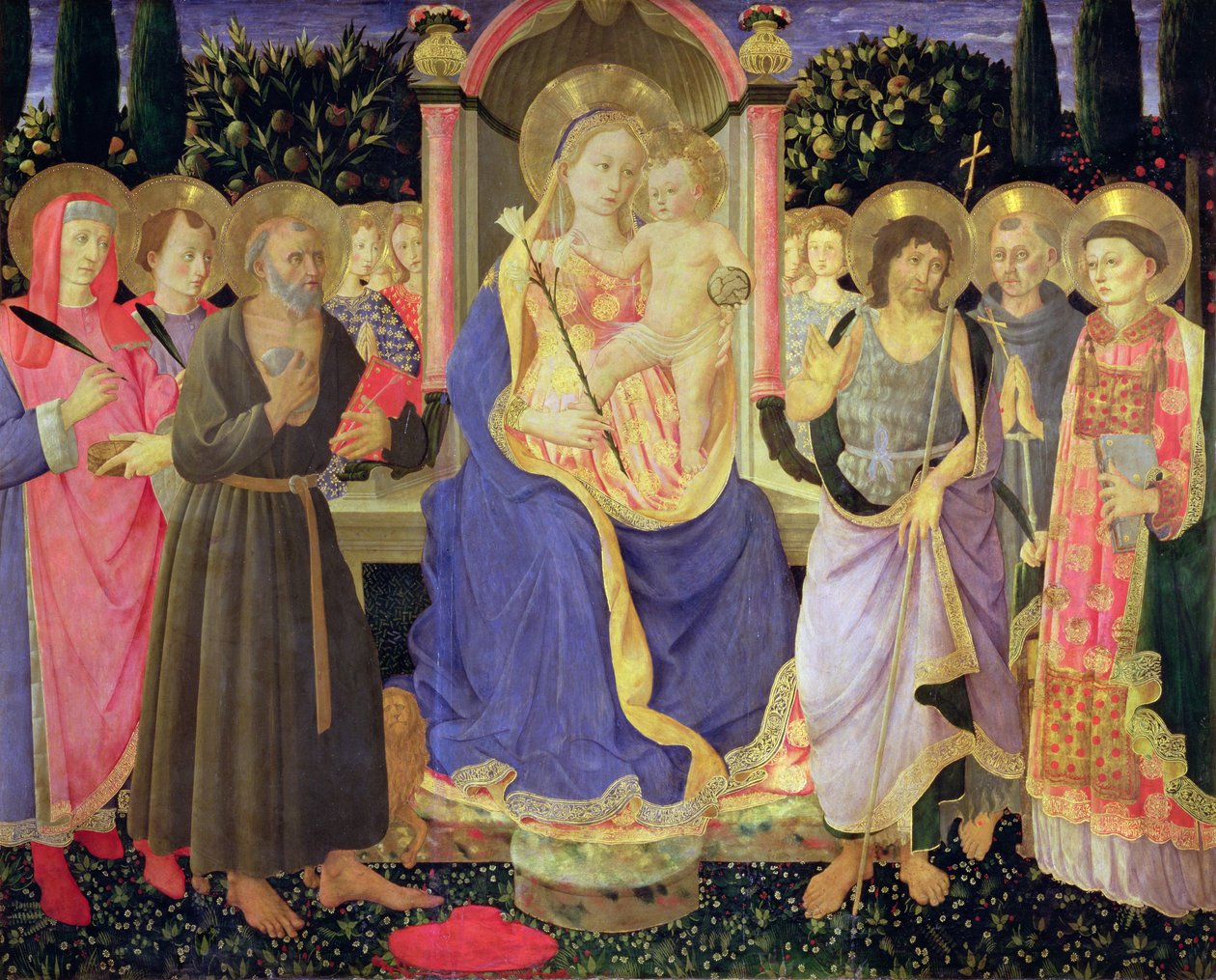 Madona s dítětem na trůně se světci (oltářní obraz) (deska) od Master of the Buckingham Palace Madonna