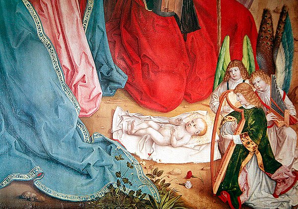 Detail Klanění pastýřů, panel zcela vlevo od retabula na hlavním oltáři, 1480 od Master of the Carnation