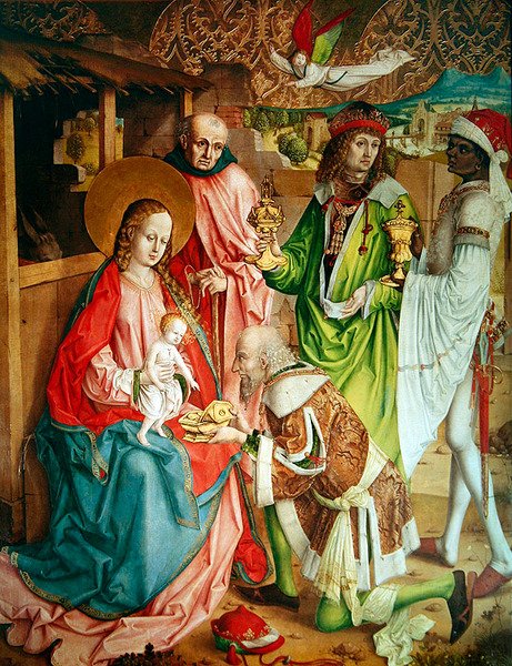 Klanění tří králů, panel zcela vpravo od retáblu na hlavním oltáři, 1480 od Master of the Carnation