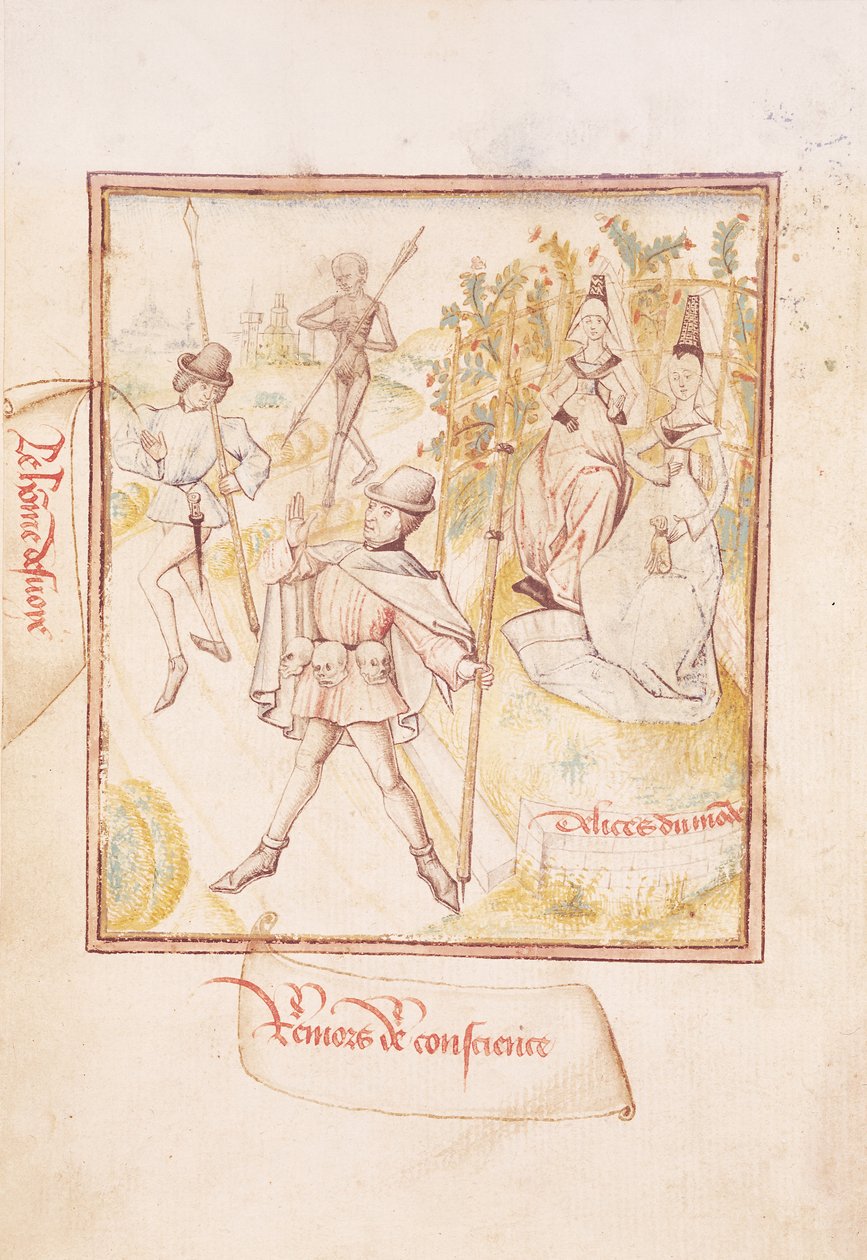 Ms 410 fol.24v Muž svedený na scestí s rozmyslem a rozkoší světa, z „Le Miroir de la Mort“, kolem 1460 od Master of the Champion des Dames