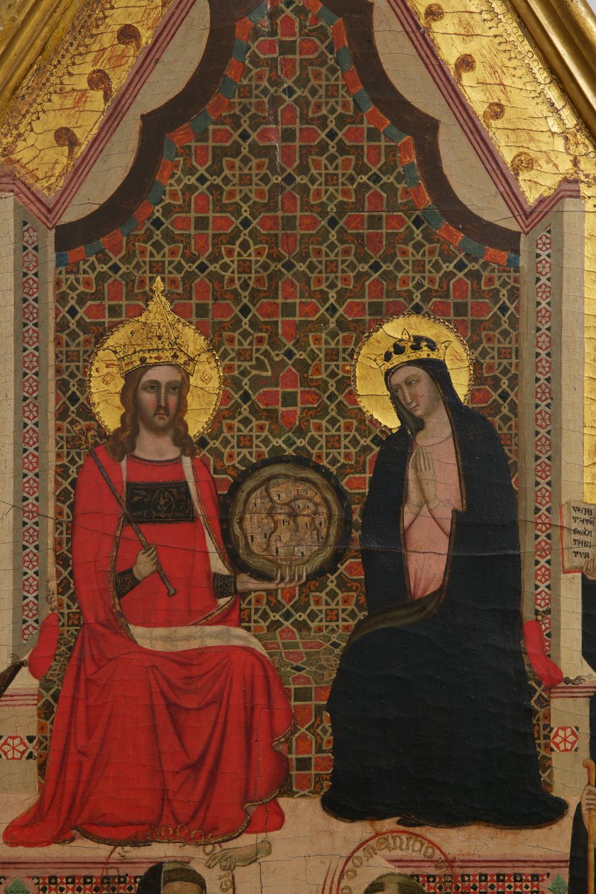 Detail tempery Panny Marie, Krista a 17 svatých na panelu od Master of the Dominican Effigies