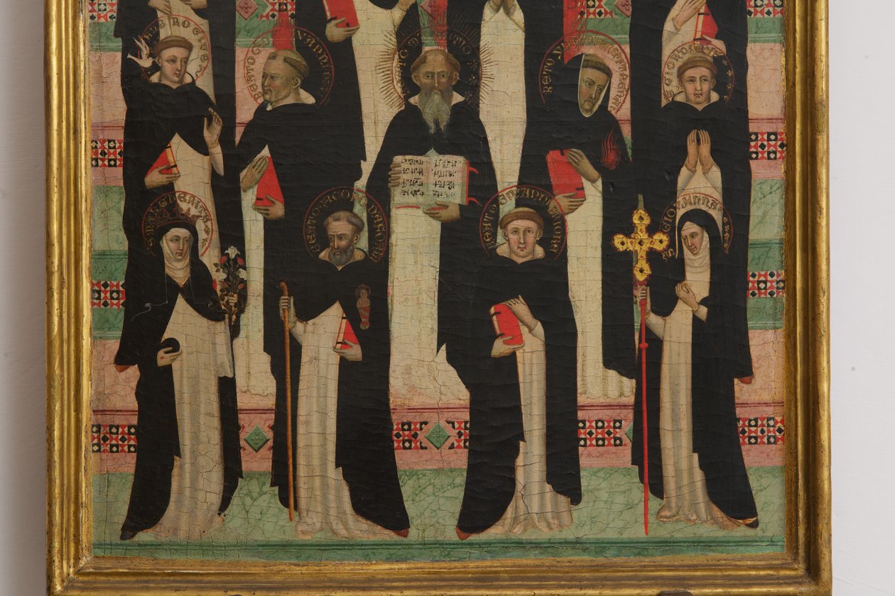 Detail tempery Panny Marie, Krista a 17 svatých na panelu od Master of the Dominican Effigies