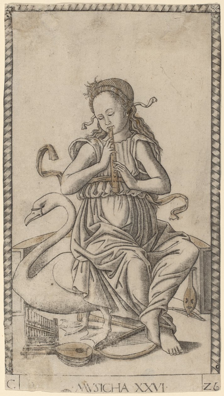 Musicha (Music) c.1465 (rytina se zlacením) od Master of the E Series Tarocchi
