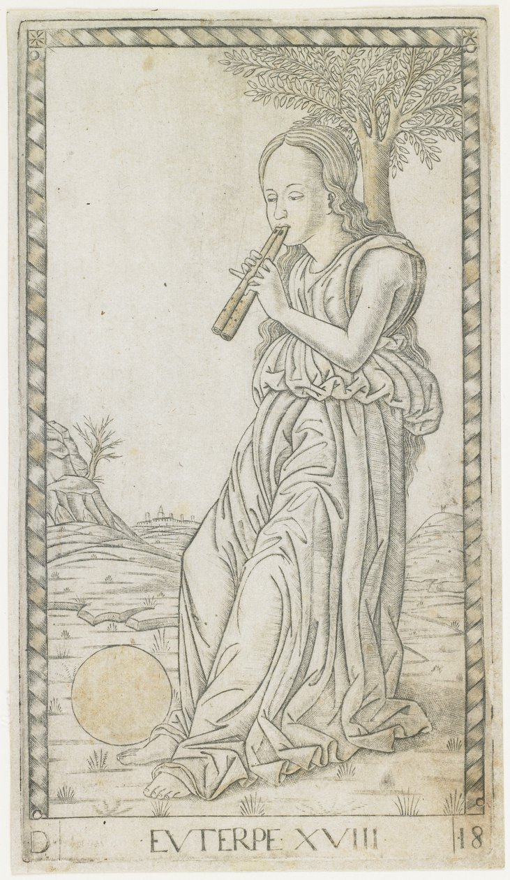 Euterpe, c.1465 (rytina zvýrazněná zlatem) od Master of the E Series Tarocchi Master of the E Series Tarocchi