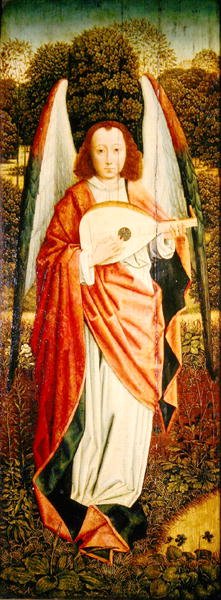 Panna a dítě s anděly, levý panel zobrazující andělského hudebníka od Master of the Embroidered Foliage