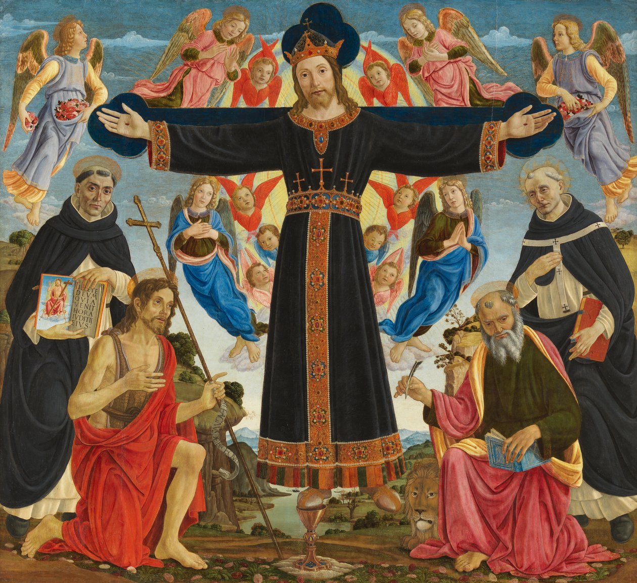 Kristus na kříži se svatými Vincencem Ferem, Janem Křtitelem, Markem a Antoniem, asi 1491-5 (tempera a olej na desce) od Master of the Fiesole Epiphany