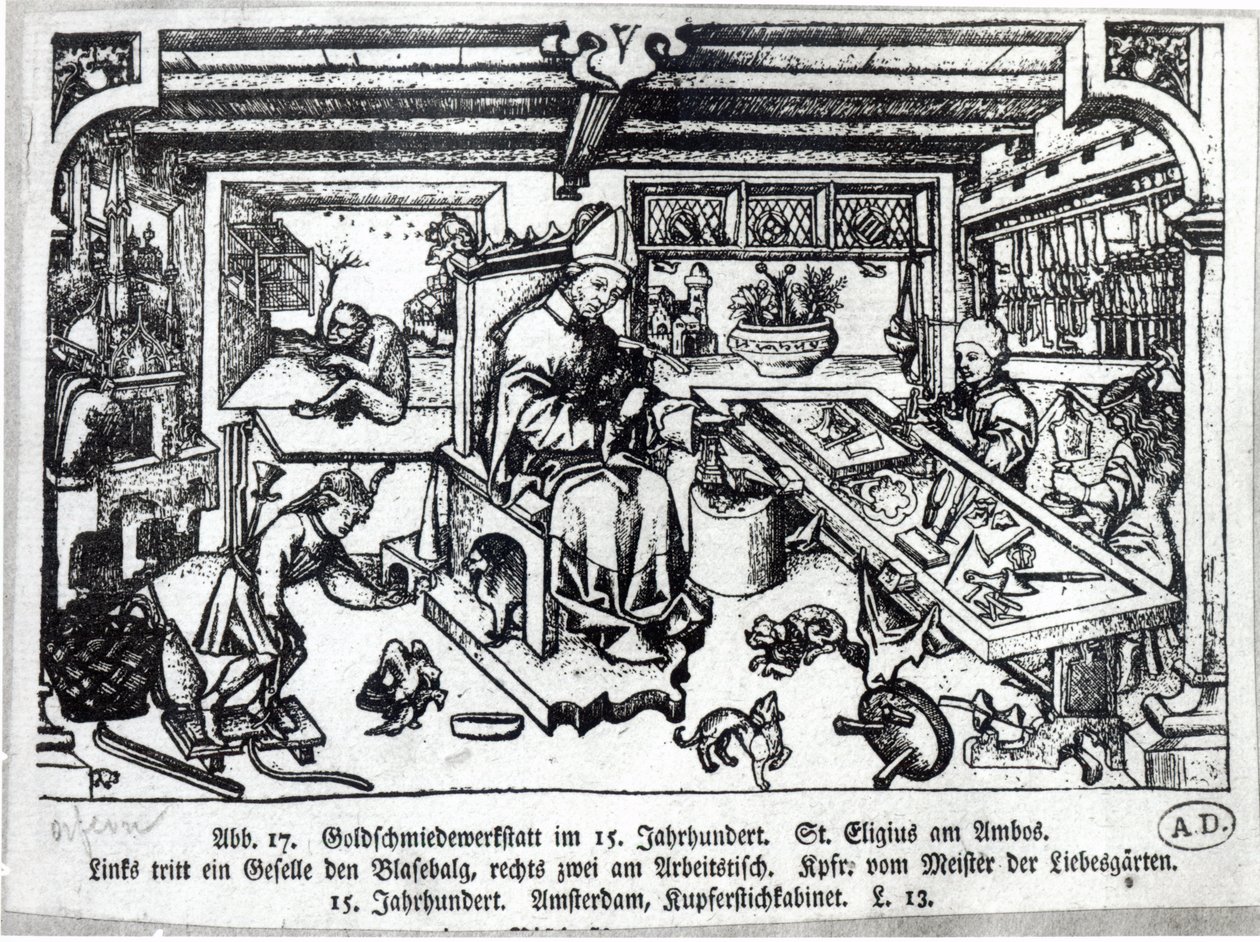 Sv. Eligius (asi 588-660) jako zlatník ve své dílně, asi 1450 od Master of the Gardens of Love