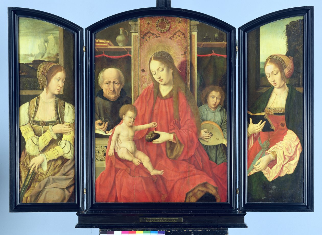 Svatá rodina se svatou Kateřinou a svatou Barborou, triptych (tempera na panelu) od Master of the Holy Blood